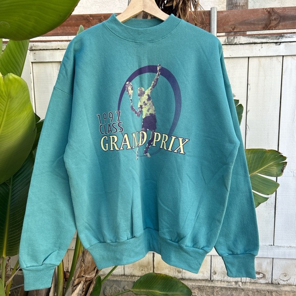 Vintage 1997 Grand Prix Tennis Graphic Sweatshirt Green Hanes L - Picture 1 of 4